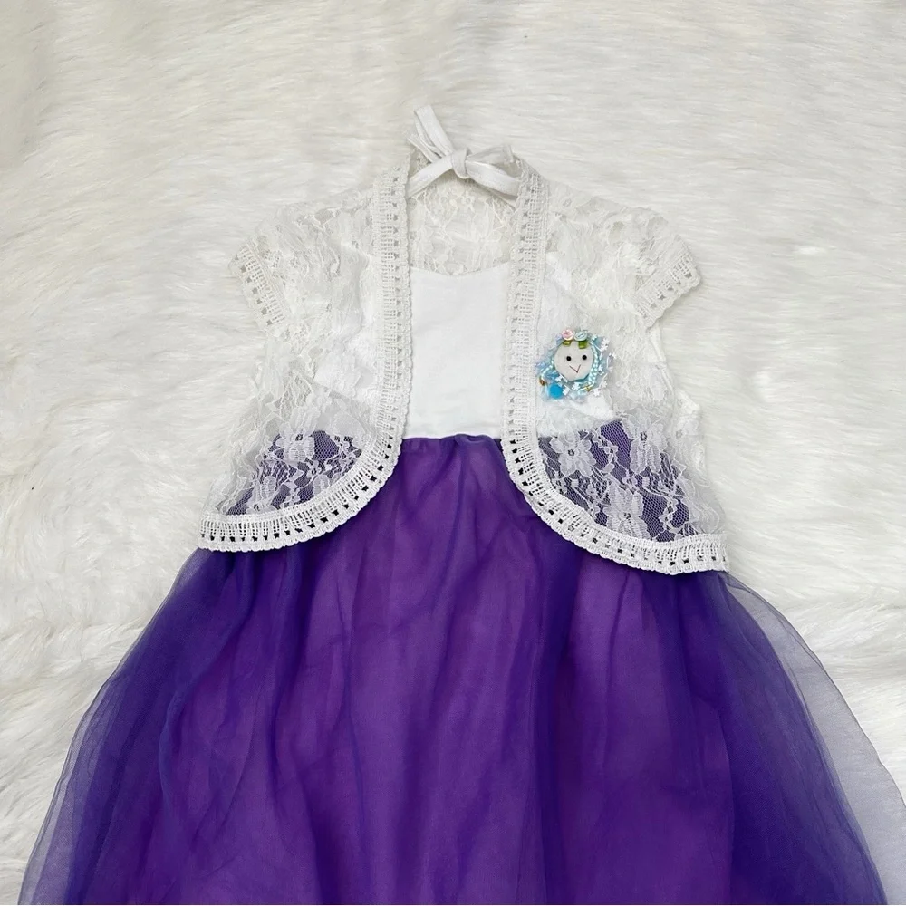 Kids Girls Size 7-8 Formal Purple Tulle with White Lace Bolero Shrug